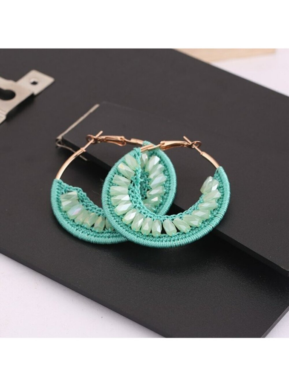 Round Turquoise Beaded Crystal Boho Chic Hoop Earrings - Picture 3 of 4
